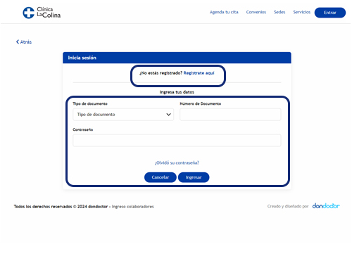 Ingreso sistema de agendamiento en línea Clínica La Colina