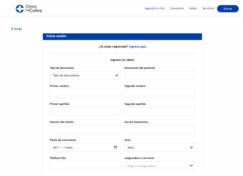 Ingreso sistema de agendamiento en línea Clínica La Colina