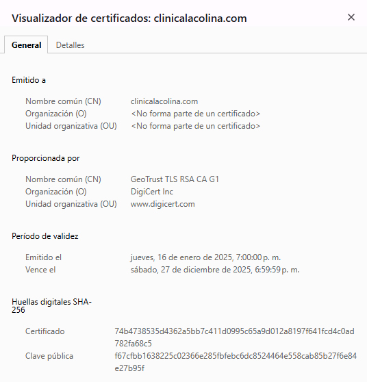 Certificado seguridad Clínica La Colina