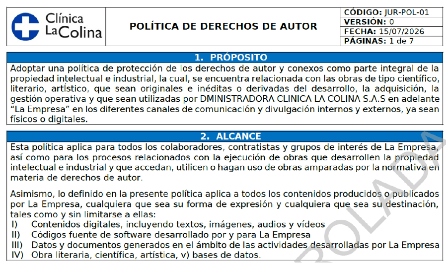Política Derechos de Autor Clínica La Colina